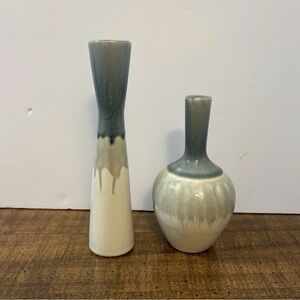 Lot Of 2 Global Views Vase Contemporary Crackled Glazed Drip Grey White Blue Cl